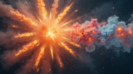 Fototapeta premium Fiery Explosion with Bright Sparks and Colorful Smoke Cloud