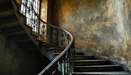 Elegant curved staircase with wrought iron railing in historic building interior © Vancouver