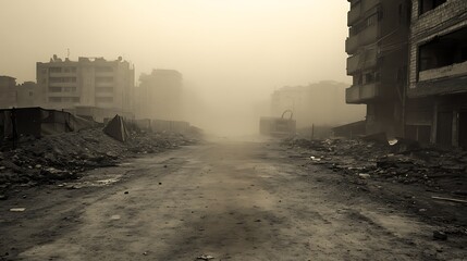 Abandoned metropolis with hazy air pollution filling the streets, cinematic mood