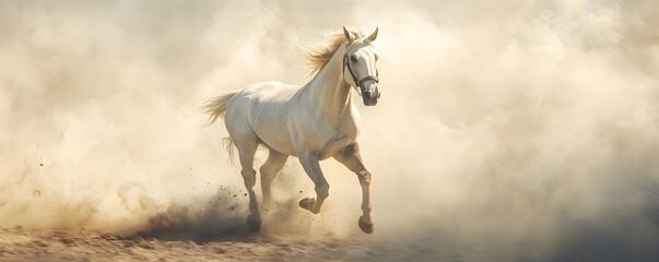 Obraz premium A majestic white horse gallops through a cloud of dust, embodying freedom and grace in a stunning natural setting. The image evokes a sense of beauty and wild spirit.