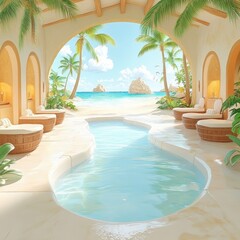 Obraz premium Pool with a view of the ocean and palm trees