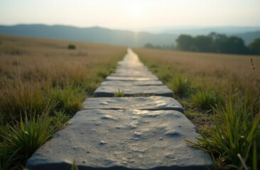 A simple stone path leading to the horizon. Flanked by a blurred background . High quality photo
