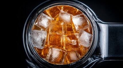 Golden amber liquid chills with ice cubes in a glass a dramatic overhead shot. AI Generated