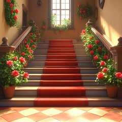 Fototapeta premium Staircase with red carpet and potted plants on each step