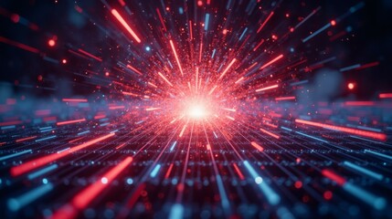 Naklejka premium Vibrant Burst of Red and Blue Light Rays in Dark Space Environment