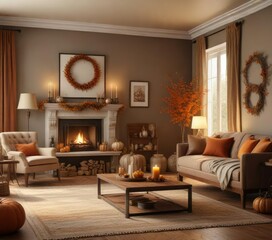 A warm and inviting living room with fall decorations, fall, warm