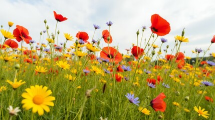 Naklejka premium Vibrant Wildflower Meadow with Colorful Poppies and Daisies