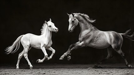 A stunning black and white photograph of two horses in motion, capturing their grace and elegance