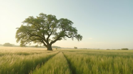 Fototapeta premium Serene Lone Tree in Expansive Field Under Clear Blue Sky