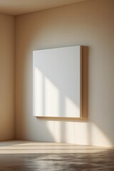 Mockup of a Blank White Canvas on the Wall Perfect for Showcasing Your Designs, blank canvas mounted on a wall, illuminated by natural light, perfect for artists or home decor.