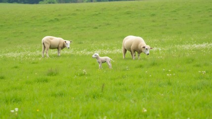 Obraz premium Adorable Sheep Family Grazing in Lush Green Meadow Landscape