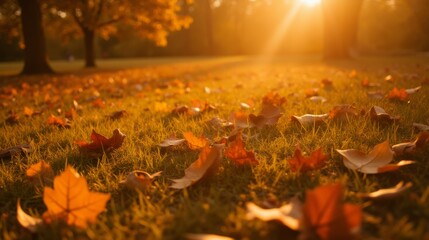 Golden Autumn Sunset Over Fallen Leaves and Grass in the Park