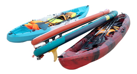 Colorful riber kayaks. Isolated kayaks on transparent background