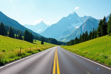 Asphalt road winding through a picturesque valley, flanked by lush green meadows and majestic snow-capped mountains under a vibrant blue sky