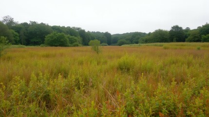 Obraz premium Expansive Meadow in Subtle Foggy Landscape with Greenery and Wildflowers
