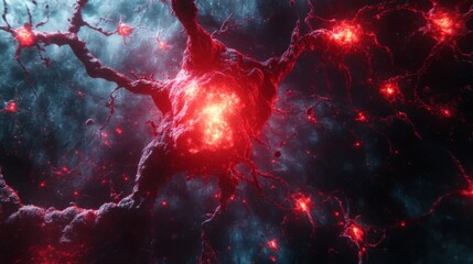 Glowing Red Neurons and Nerve Cells with Detailed Connection and Transmitting Signals on Dark Abstract Background