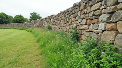 Obraz premium Beautifully Constructed Stone Wall Surrounded by Green Grass and Plants