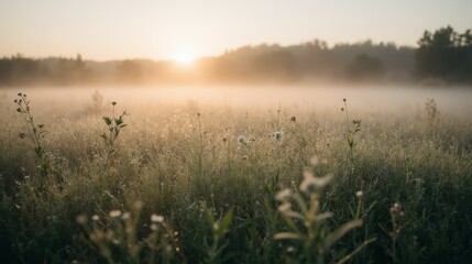Misty Sunrise Over Serene Meadow with Delicate Wildflowers