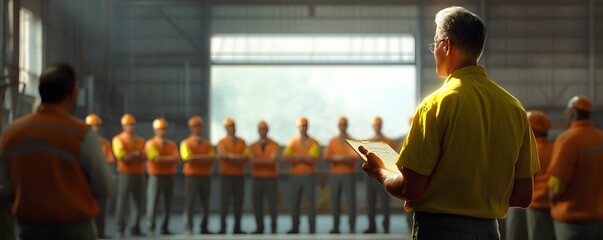 An industrial meeting in a warehouse, showcasing a supervisor addressing a group of construction workers in safety gear, emphasizing teamwork and safety in the workplace.