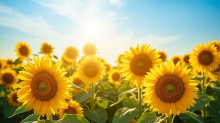 Fototapeta premium Bright Sunflowers in Vibrant Field Under Blue Sky and Sunshine