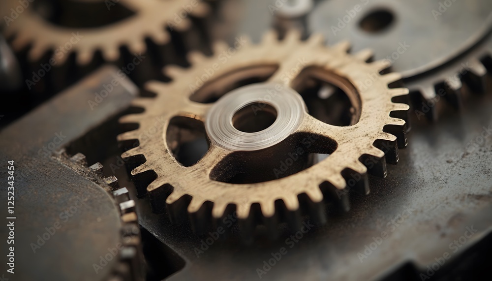 Poster close-up of interlocking metallic gears, showcasing intricate details and textures, representing ind