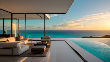 Luxury architecture, ocean front property landscape. Modern living room interior design with sleek contemporary designer furniture, minimalist decor large windows, panoramic coastal view background