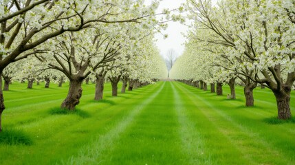 Obraz premium Serene Orchard Landscape with Blooming White Flowers and Green Grass