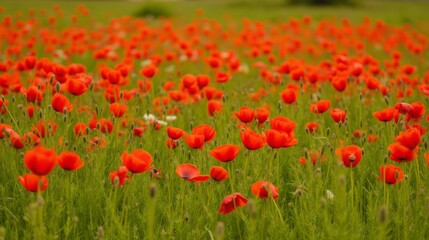 Obraz premium Lush Field of Vibrant Red Poppies Blossoming Under Clear Sky