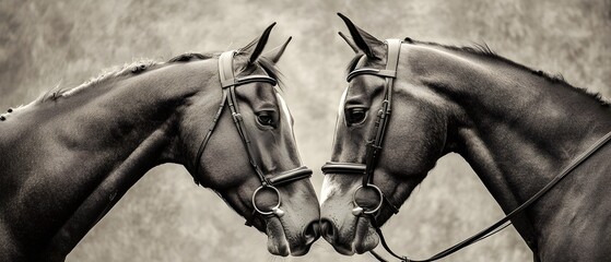 Two majestic horses gently touching heads, showcasing their strong bond and elegance. This captivating image emphasizes the beauty and grace of these magnificent creatures.