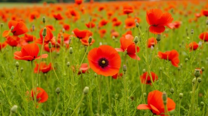 Fototapeta premium Vibrant Red Poppies Blooming in Lush Green Field Under Blue Sky