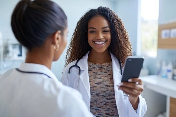 Obraz premium Two women in white lab coats are smiling at each other while one of them holds a