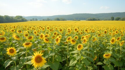 Vibrant Sunflower Field Under Blue Sky in Rural Landscape