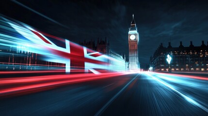 Urban Night Scene With Motion Blur And National Flag Overlay For Use In Design Backgrounds Images and Graphics. 2024 Quality High Resolution images Featuring Modern Architecture and Street Lighting