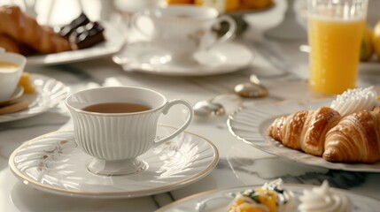 A breakfast table with coffee, croissants, and orange juice, featuring a close-up of a cup of black tea. Plates filled with fruit salad and marmalade in the background,