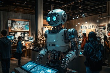 Fototapeta premium Humanoid robot interacting with people in a tech exhibition