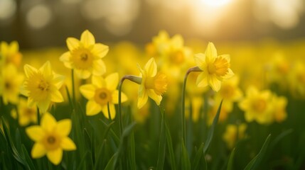 Obraz premium Bright Yellow Daffodils Blooming in a Sunlit Field at Sunset