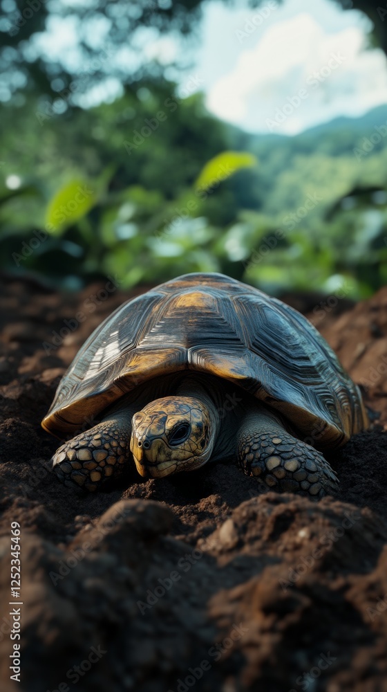 Poster close-up of a tortoise on soil in a lush forest environment, wildlife and nature exploration concept