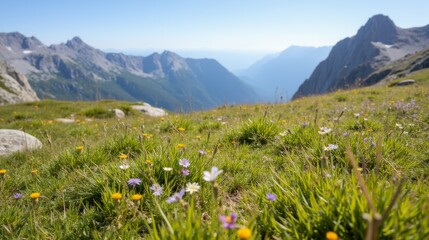 Vibrant Wildflowers Greet Majestic Mountain Landscape in Spring