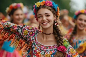 Fototapeta premium Smiling girl wearing traditional Mexican clothing during a celebration