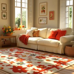 Living room with a white couch and a red and white rug