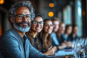 Obraz premium A group of people are sitting at a table, smiling and laughing