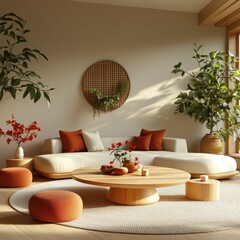Living room with a white couch, a coffee table, and a potted plant