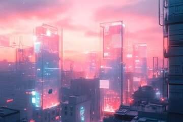 Fototapeta premium Neon-lit futuristic cityscape with skyscrapers at sunset