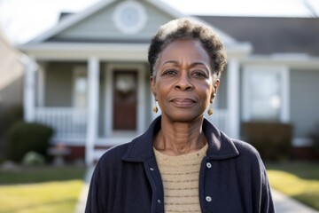 Portrait of a senior African American woman in front of suburban home