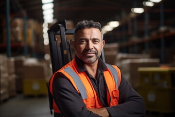 Obraz premium Portrait of a Hispanic middle aged worker leaning on pallet in warehouse