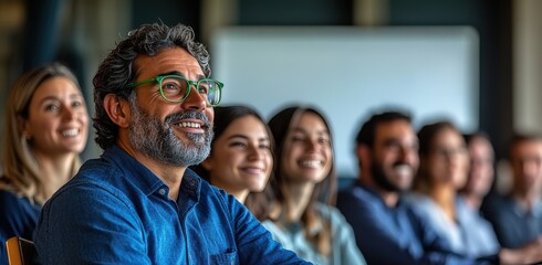 A man with glasses is smiling at a group of people
