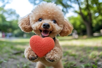 Cute poodle pooch with domestic animal toy red heart on a walk in a spring green space. Promotion animal creative art. Poodle - my treasured dog, symbol of friendship. Puppy love gift idea.
