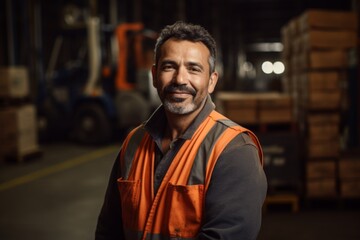Fototapeta premium Portrait of a Hispanic middle aged worker leaning on pallet in warehouse