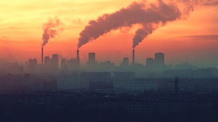 A futuristic city skyline covered in thick PM 2.5 smog, low visibility
