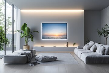 Modern living room with white furniture and panoramic window